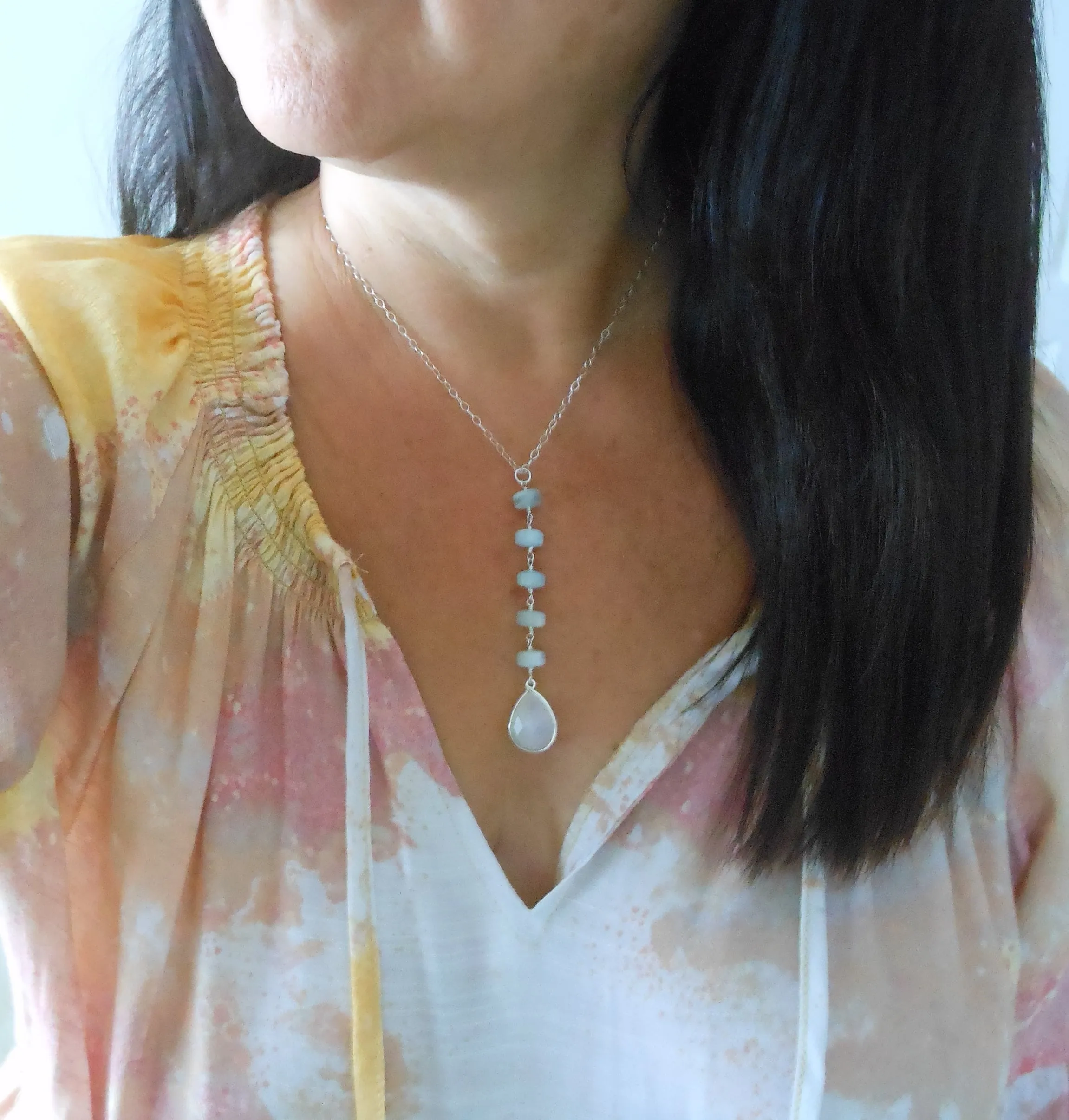 Aquamarine and Moonstone Long Pendant Necklace, Center Y Drop Necklace