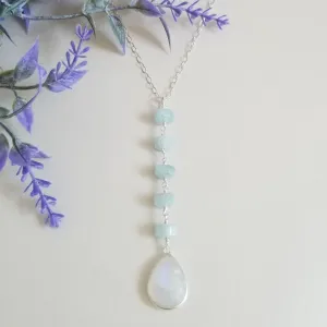 Aquamarine and Moonstone Long Pendant Necklace, Center Y Drop Necklace