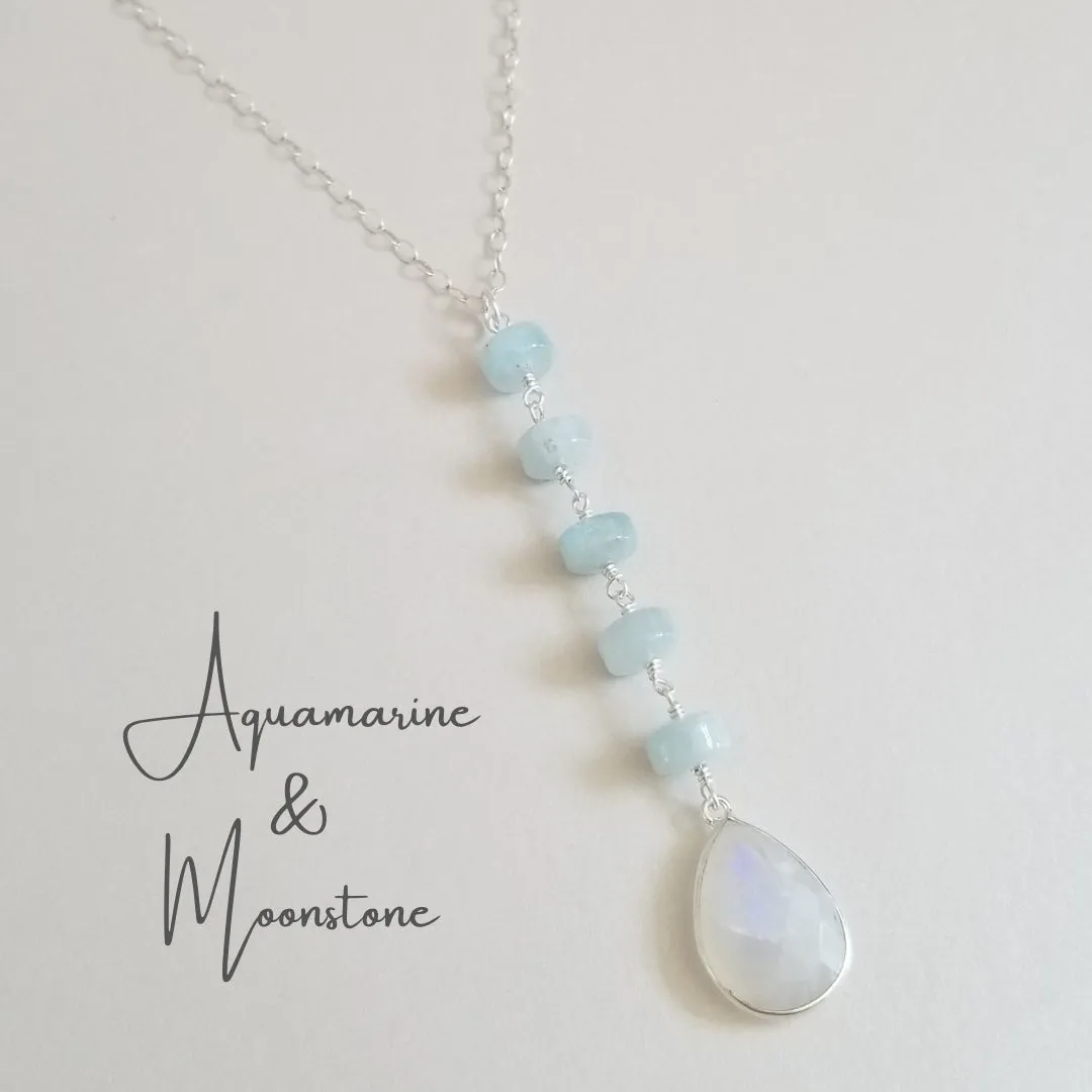 Aquamarine and Moonstone Long Pendant Necklace, Center Y Drop Necklace