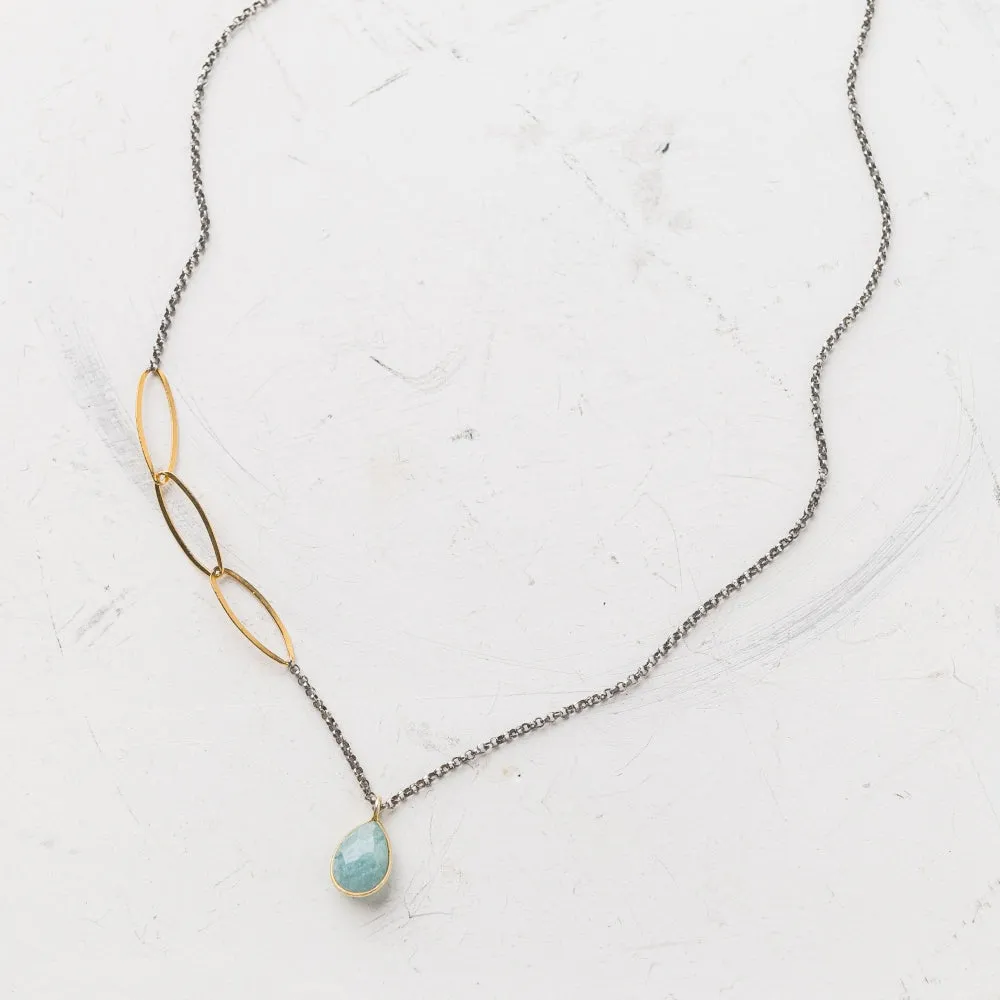 Aquamarine Pear Necklace on Rolo Chain with Marquise Link Accents
