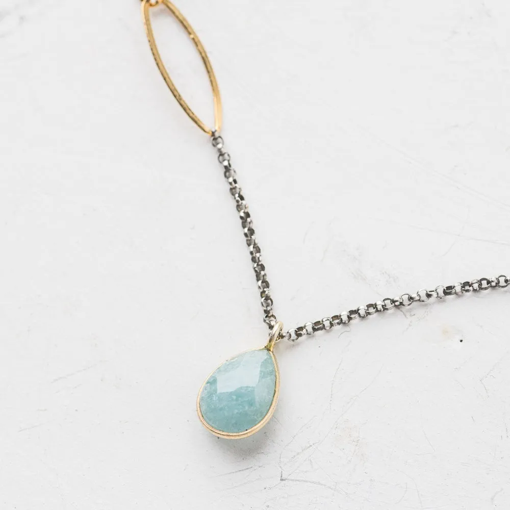 Aquamarine Pear Necklace on Rolo Chain with Marquise Link Accents