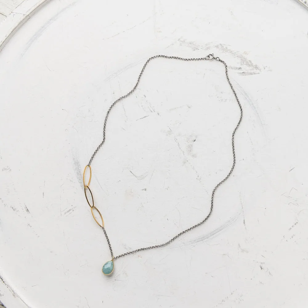Aquamarine Pear Necklace on Rolo Chain with Marquise Link Accents