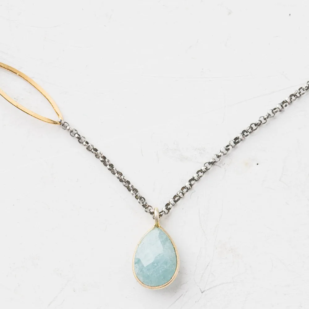 Aquamarine Pear Necklace on Rolo Chain with Marquise Link Accents