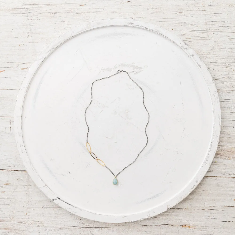 Aquamarine Pear Necklace on Rolo Chain with Marquise Link Accents
