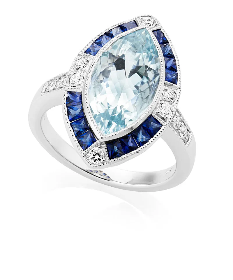 Aquamarine, Sapphire and Diamond Ring