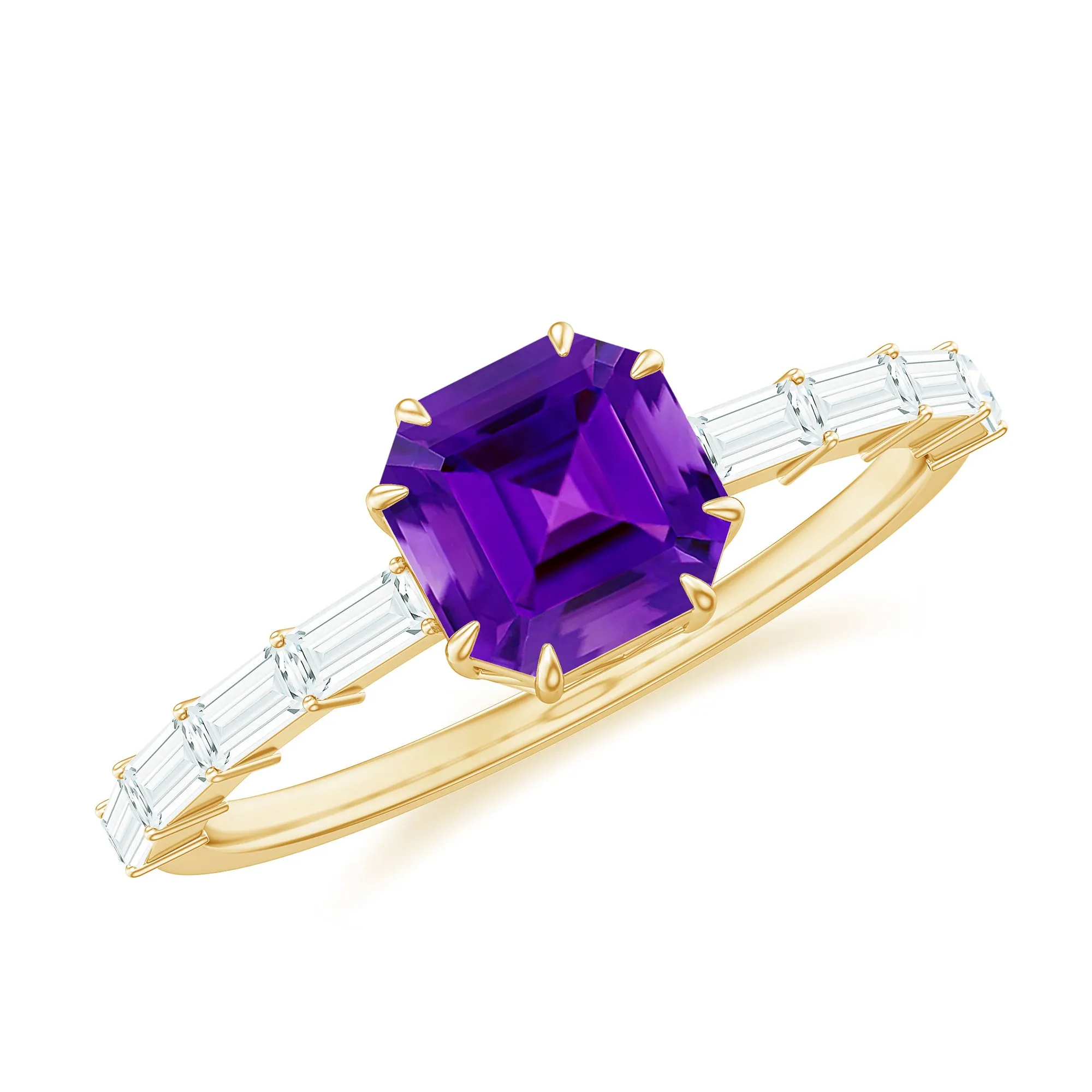 Asscher Amethyst Solitaire Engagement Ring with Diamond