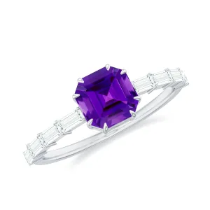 Asscher Amethyst Solitaire Engagement Ring with Diamond