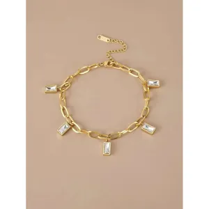 Baguette Cubic Zirconia 18k Gold Anti Tarnish Stainless Steel Links Chain Bracelet for Women
