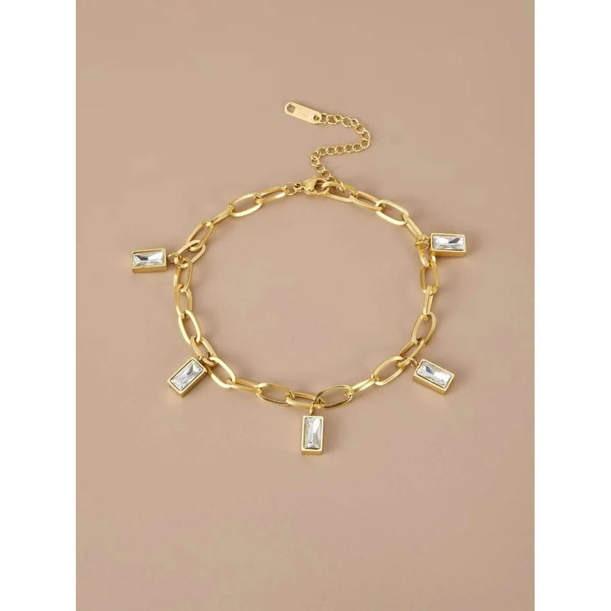 Baguette Cubic Zirconia 18k Gold Anti Tarnish Stainless Steel Links Chain Bracelet for Women
