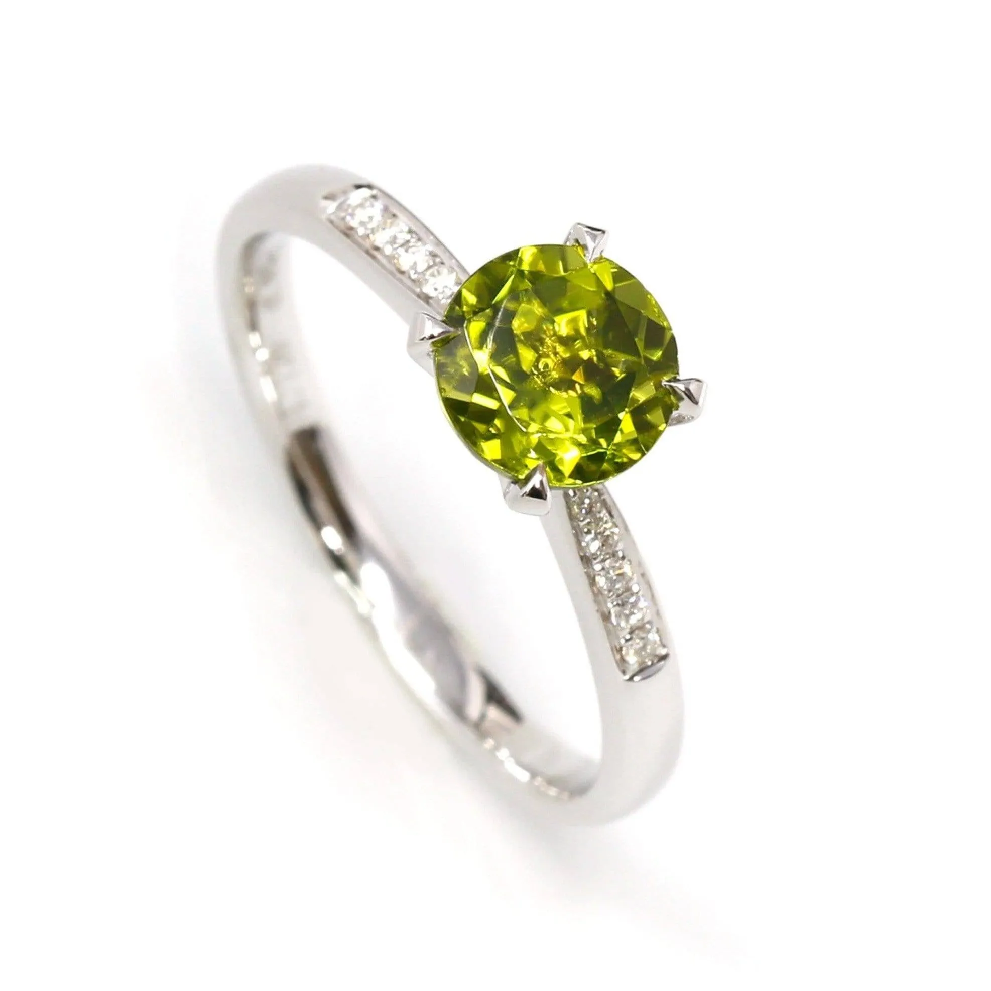 Baikalla™ 14k White Gold Natural Round Brilliant Peridot Diamond Anniversary Ring #R13
