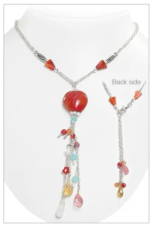 Beaded Carnelian Heart Sterling Silver Y Necklace 18"