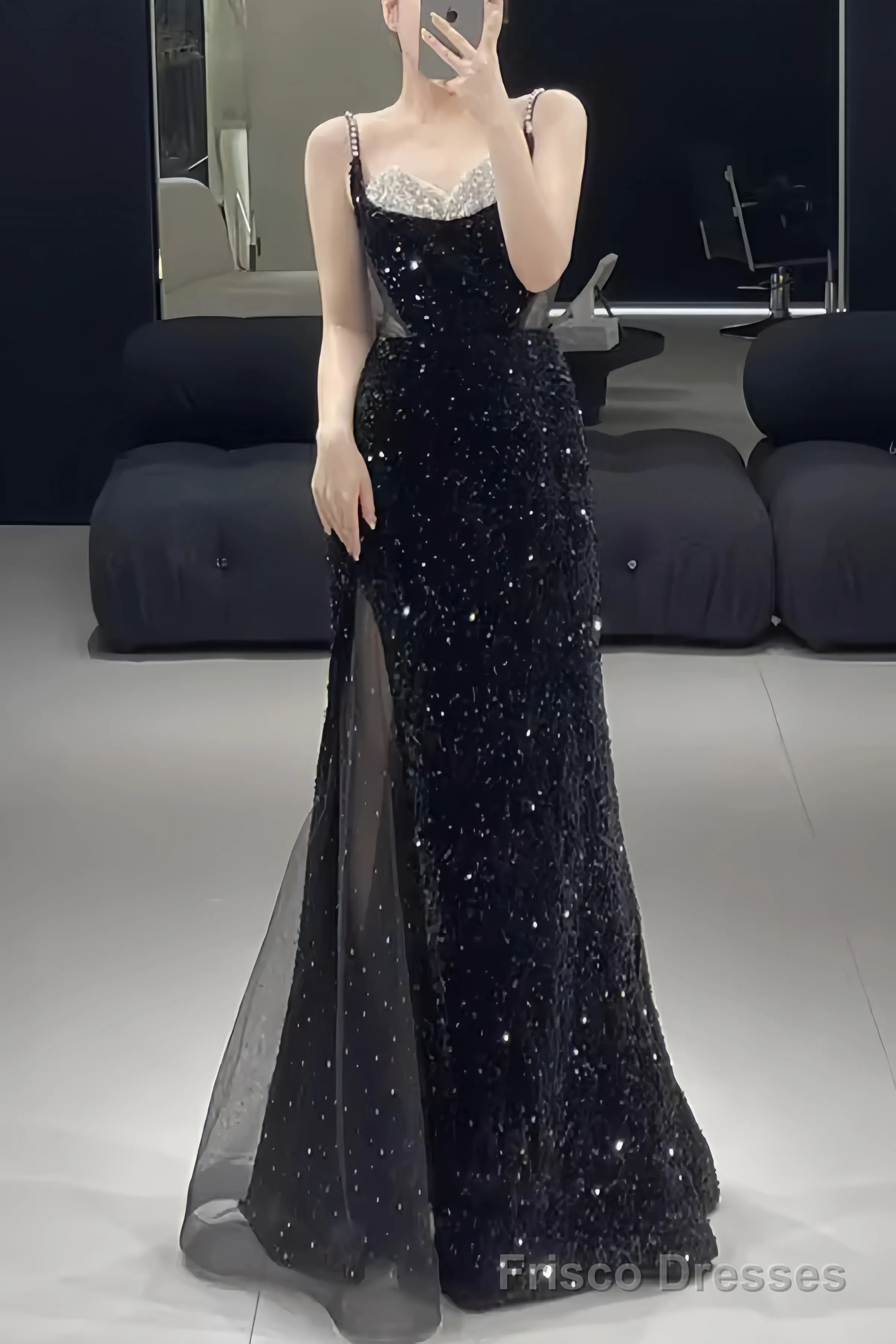 Beautiful Mermaid Straps Slit Black Long Prom Dress