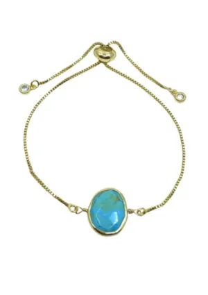 Bezel Set Oval Stone on Plated Gold Pull Chain Bracelet, Turquoise