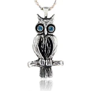 Blue Topaz Eyed Owl Pendant