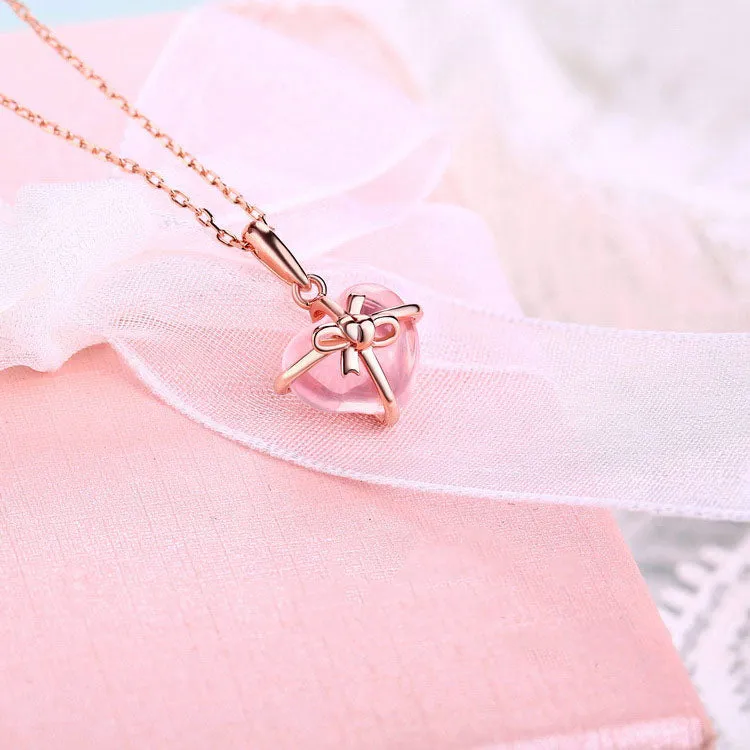 Bowknot Rose Quartz Citrine Cute Heart Pendant Necklace in Silver Jewelry Accessories Women