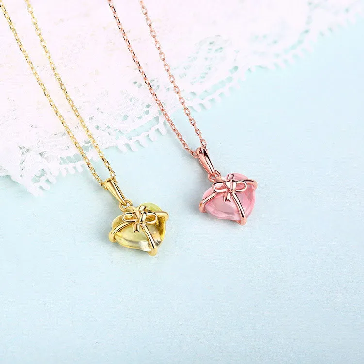 Bowknot Rose Quartz Citrine Cute Heart Pendant Necklace in Silver Jewelry Accessories Women
