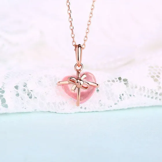Bowknot Rose Quartz Citrine Cute Heart Pendant Necklace in Silver Jewelry Accessories Women