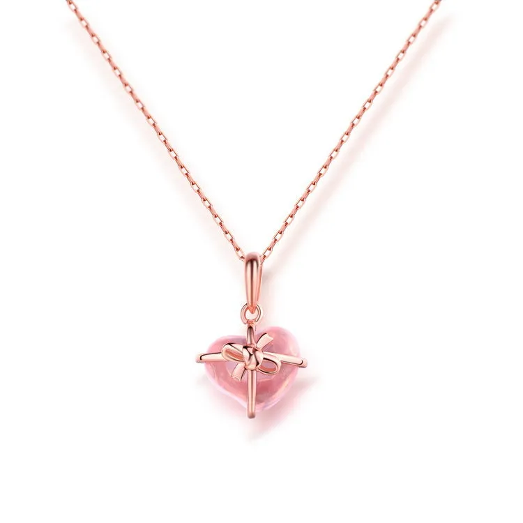 Bowknot Rose Quartz Citrine Cute Heart Pendant Necklace in Silver Jewelry Accessories Women