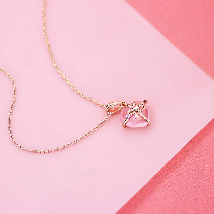 Bowknot Rose Quartz Citrine Cute Heart Pendant Necklace in Silver Jewelry Accessories Women