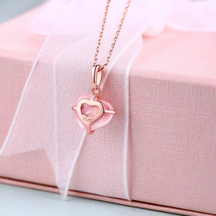 Bowknot Rose Quartz Citrine Cute Heart Pendant Necklace in Silver Jewelry Accessories Women