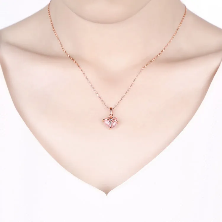 Bowknot Rose Quartz Citrine Cute Heart Pendant Necklace in Silver Jewelry Accessories Women