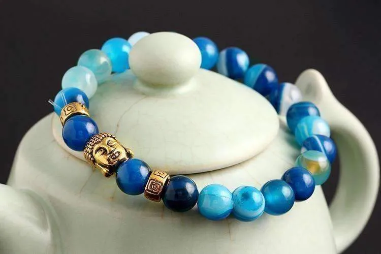 Buddha Bead Genuine Agate Gemstone Flexible Unisex Bracelet