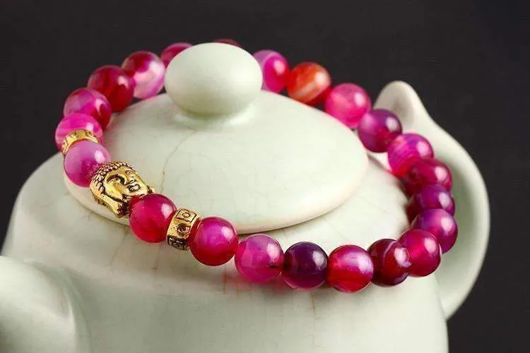 Buddha Bead Genuine Agate Gemstone Flexible Unisex Bracelet
