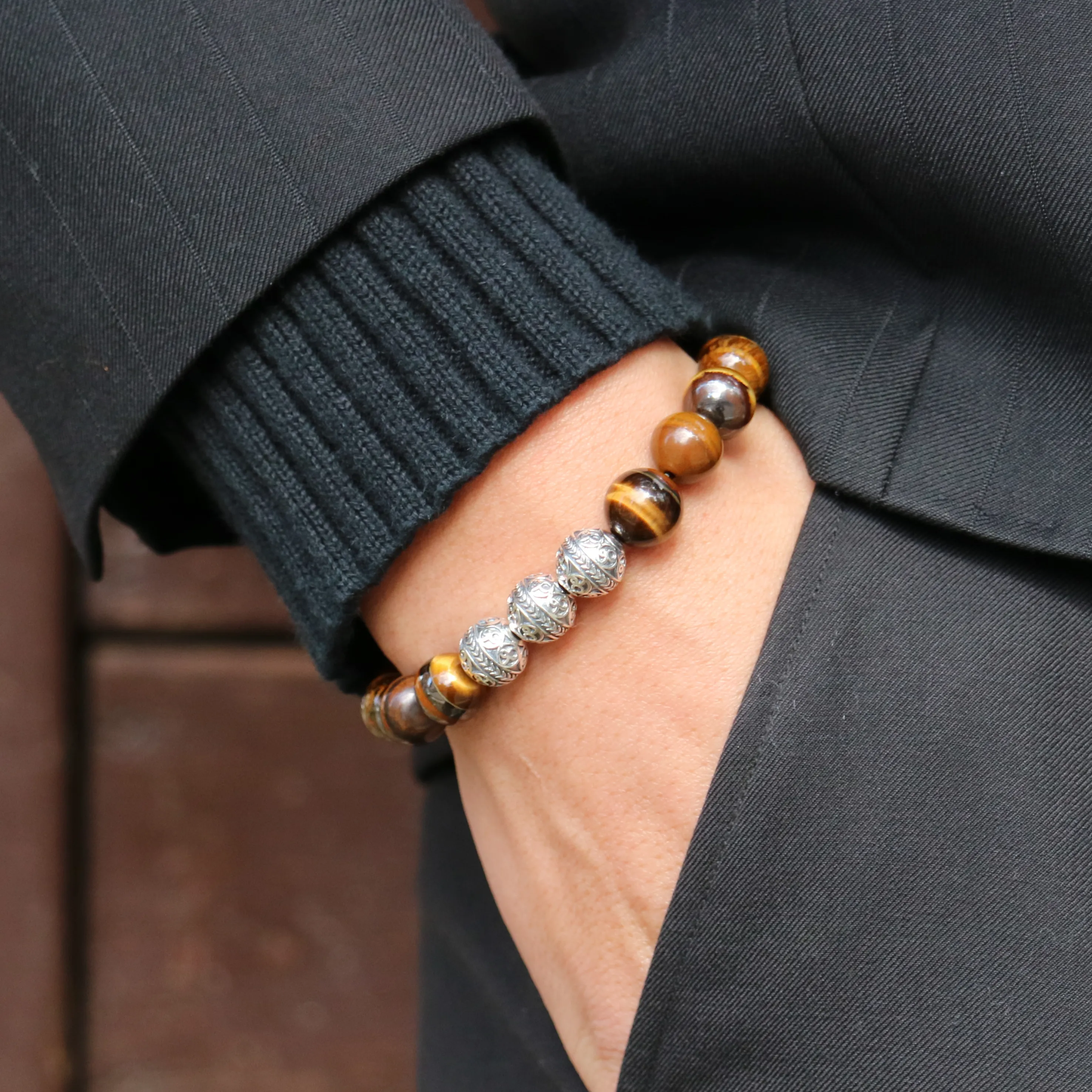 Classic Silver Tiger Eye Beaded Bracelet