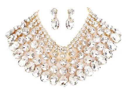 Crystal Glass Bib Statement Necklace Earring Set
