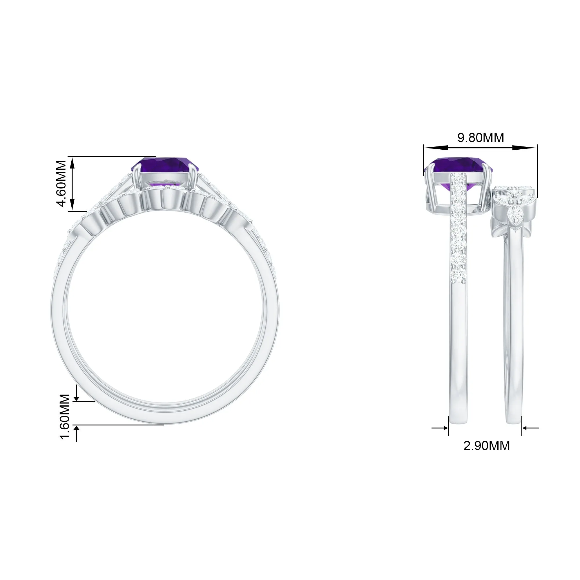 Cushion Cut Amethyst Wedding Ring Set with Diamond
