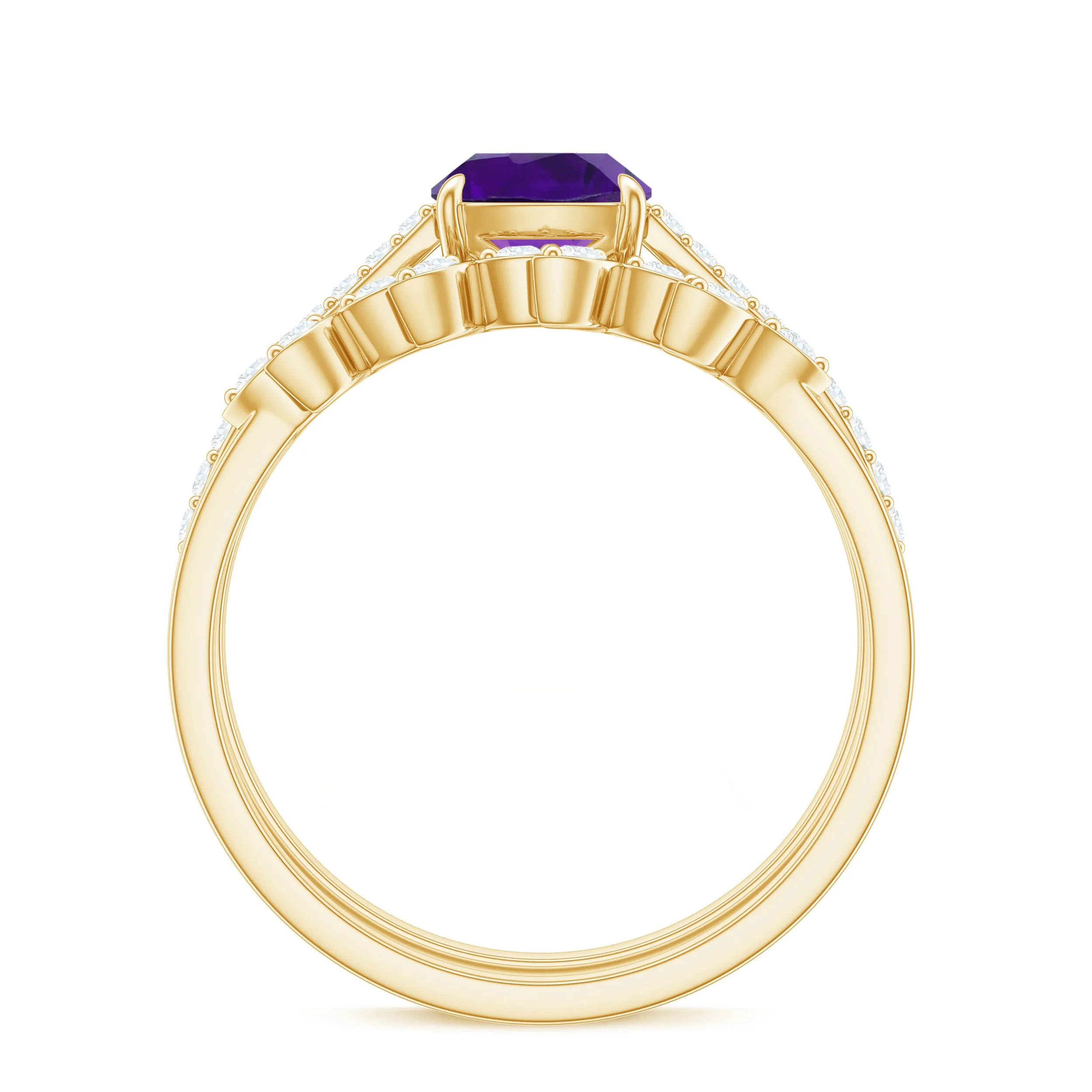 Cushion Cut Amethyst Wedding Ring Set with Diamond