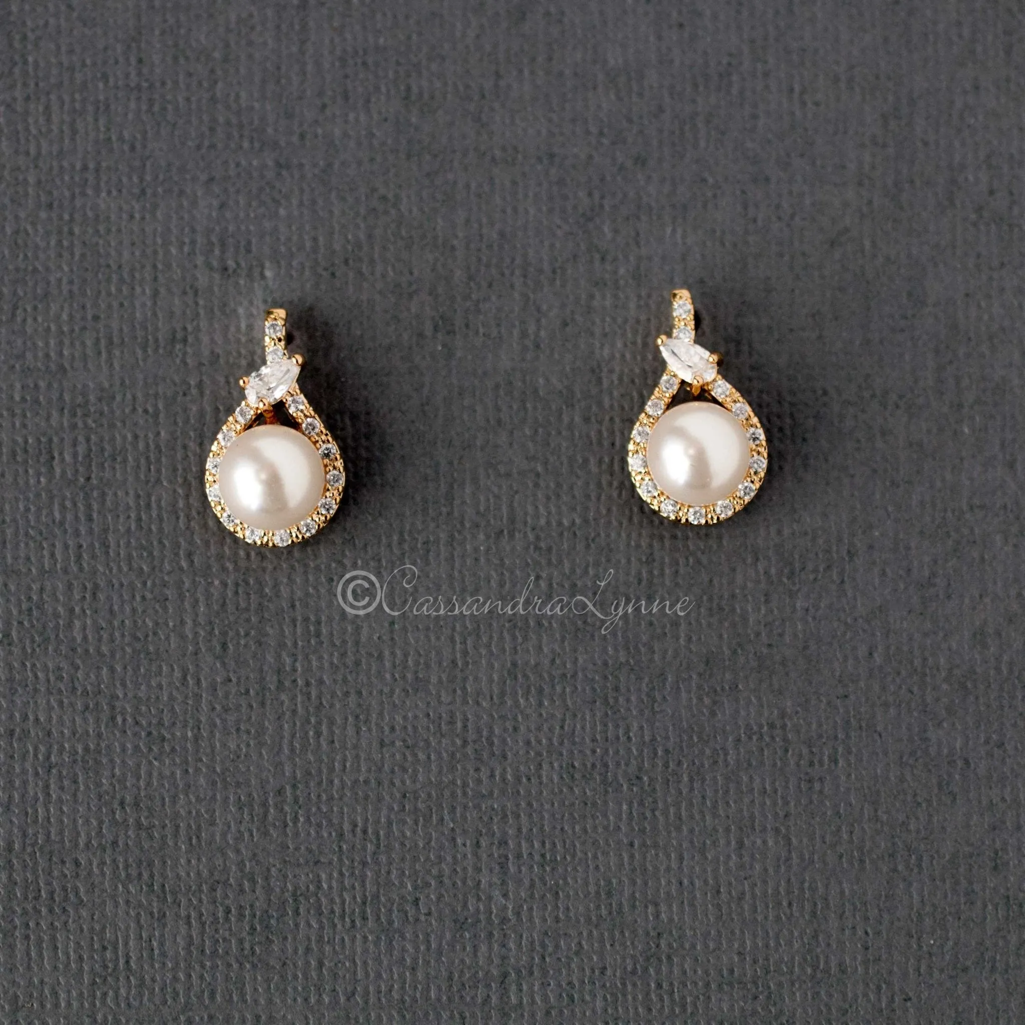 CZ Wrapped Ivory Pearl Stud Earrings