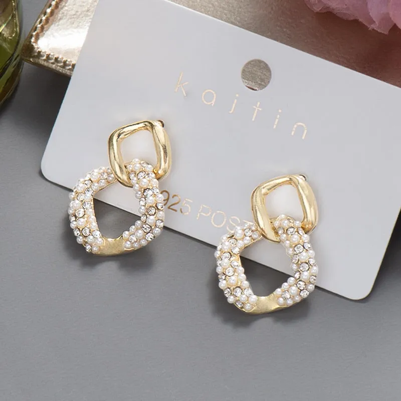 DEANWANGKT New  Trend Big Pearls Women's Earrings Geometry Crystal Gold Color Dangle Drop Earing for Woman Korean Style Fashion Jewelry