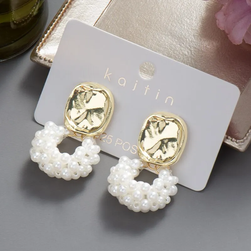 DEANWANGKT New  Trend Big Pearls Women's Earrings Geometry Crystal Gold Color Dangle Drop Earing for Woman Korean Style Fashion Jewelry