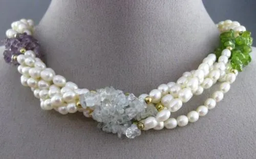 ESTATE LONG FRESH WATER PEARL 14K GOLD PLATED & SILVER MULTI GEM NECKLACE #25367
