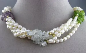 ESTATE LONG FRESH WATER PEARL 14K GOLD PLATED & SILVER MULTI GEM NECKLACE #25367