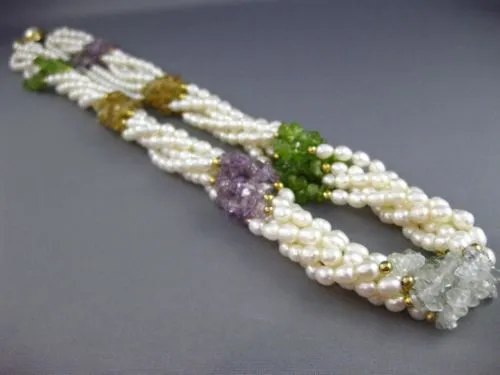 ESTATE LONG FRESH WATER PEARL 14K GOLD PLATED & SILVER MULTI GEM NECKLACE #25367