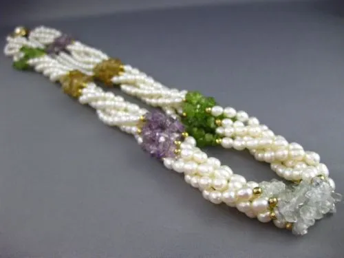 ESTATE LONG FRESH WATER PEARL 14K GOLD PLATED & SILVER MULTI GEM NECKLACE #25367