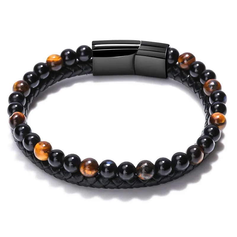 Fashion Mixed Color Natural Volcanic Stone Bracelet Real Cowhide Woven Men's Bracelet