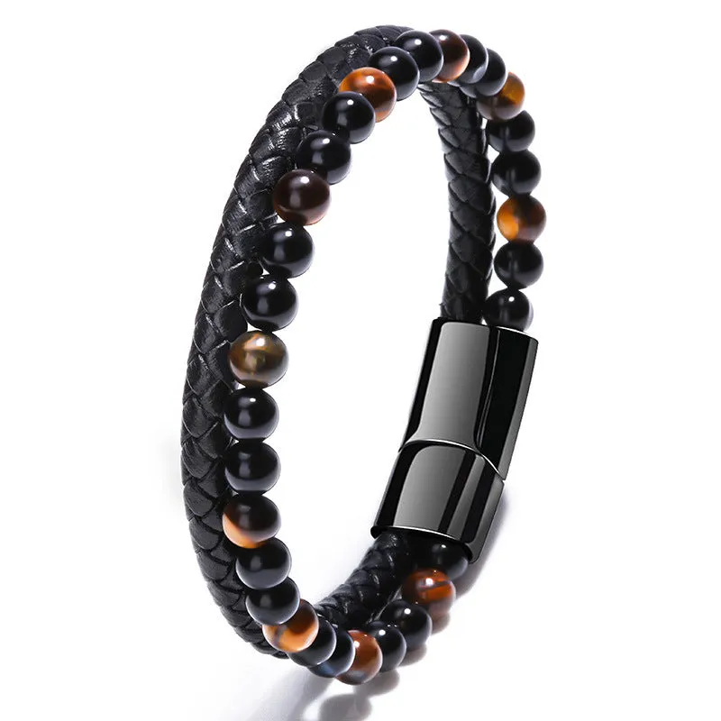 Fashion Mixed Color Natural Volcanic Stone Bracelet Real Cowhide Woven Men's Bracelet
