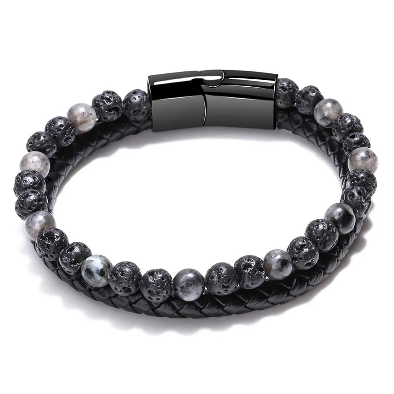 Fashion Mixed Color Natural Volcanic Stone Bracelet Real Cowhide Woven Men's Bracelet