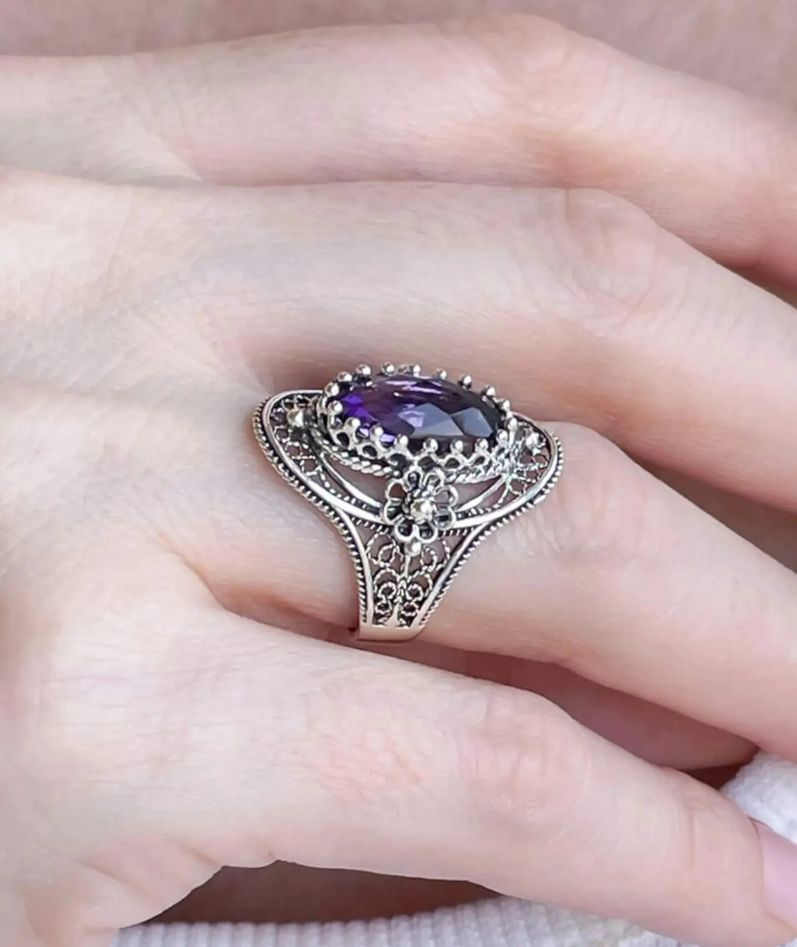 Filigree Sterling Silver Oval Ring - February Amethyst Birthstone