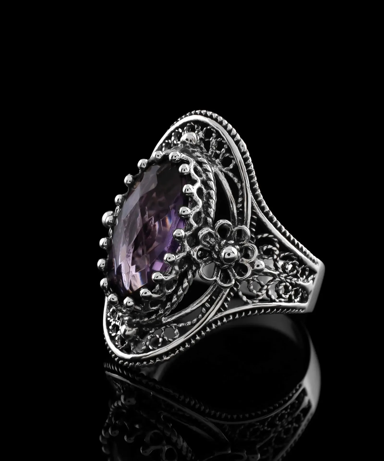 Filigree Sterling Silver Oval Ring - February Amethyst Birthstone