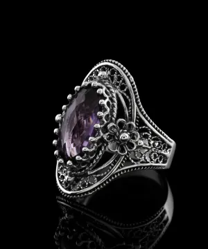 Filigree Sterling Silver Oval Ring - February Amethyst Birthstone