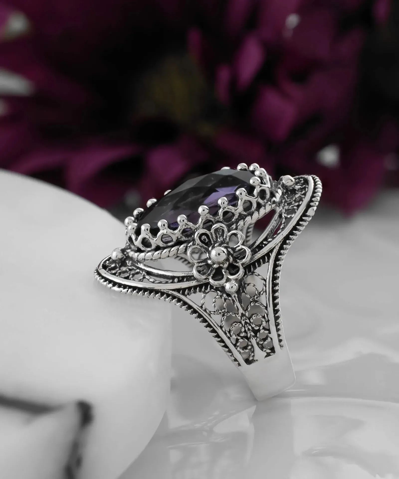 Filigree Sterling Silver Oval Ring - February Amethyst Birthstone