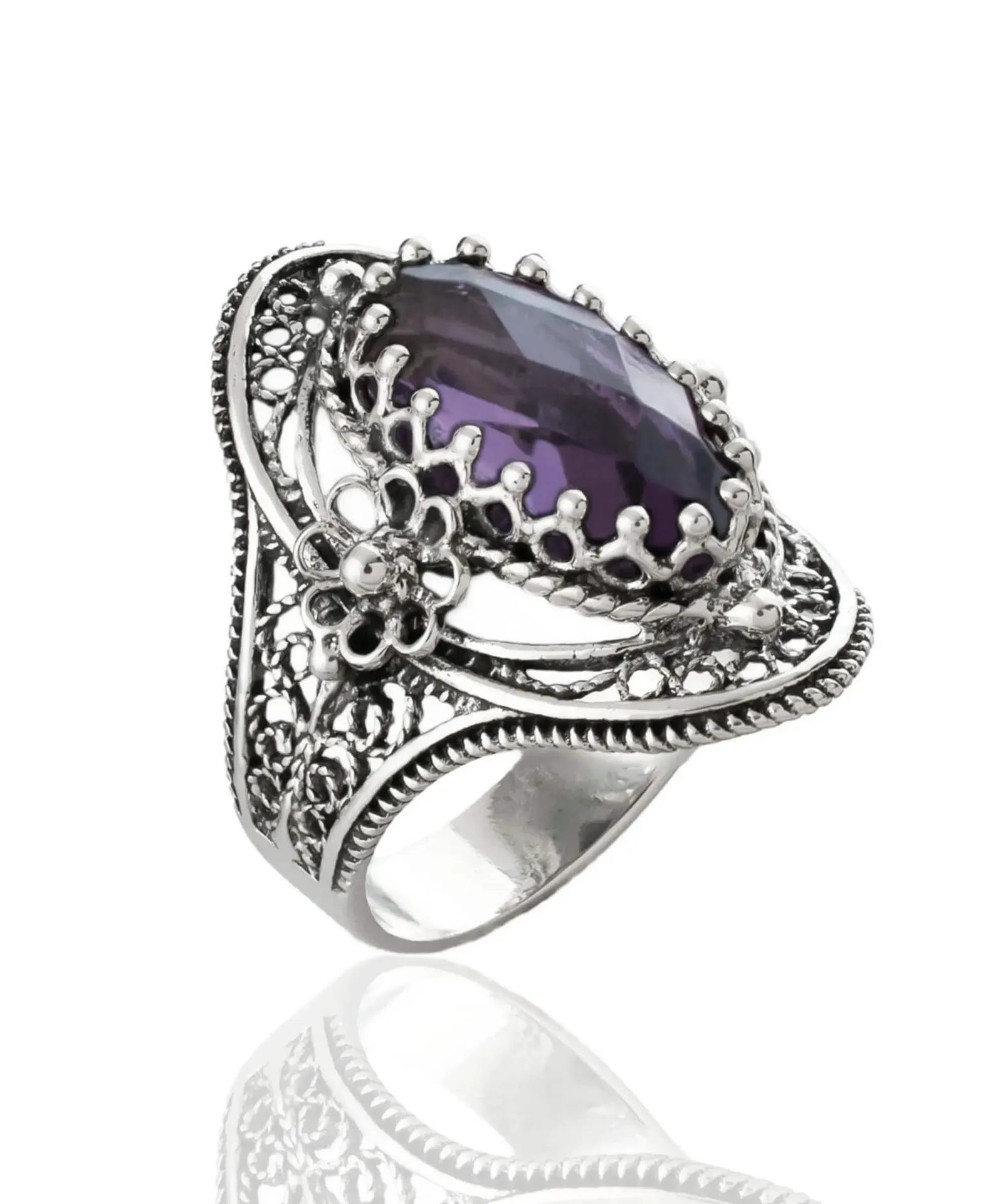 Filigree Sterling Silver Oval Ring - February Amethyst Birthstone