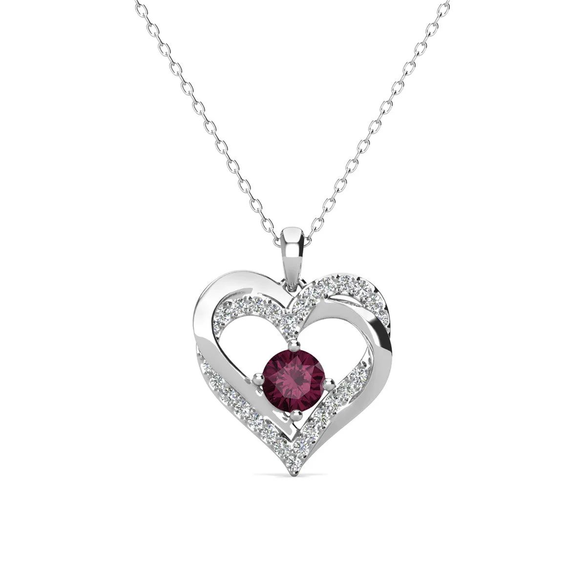 Forever February 18k White Gold Plated Amethyst Birthstone Double Heart Necklace with Crystals