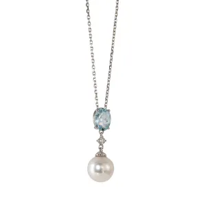 Freshwater Pearl, Aquamarine & Diamond 14K White Gold Necklace