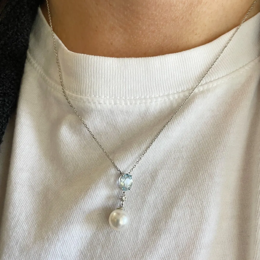 Freshwater Pearl, Aquamarine & Diamond 14K White Gold Necklace