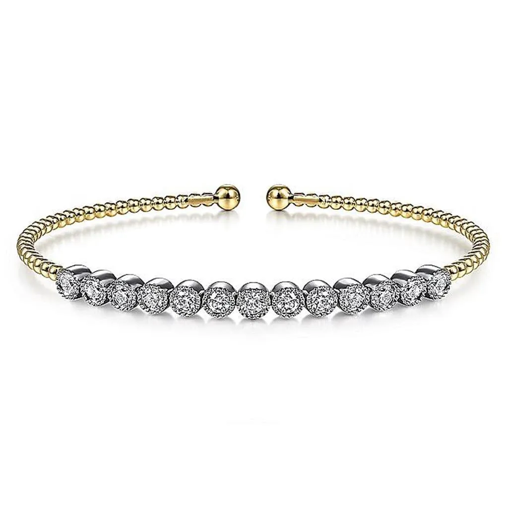 Gabriel & Co. 14k White and Yellow Gold Bujukan Cuff Bracelet with Bezel Set White Gold Diamonds